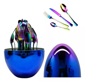 Set de 24 Cubiertos en Acero Inoxidable + estuche en Forma de Huevo