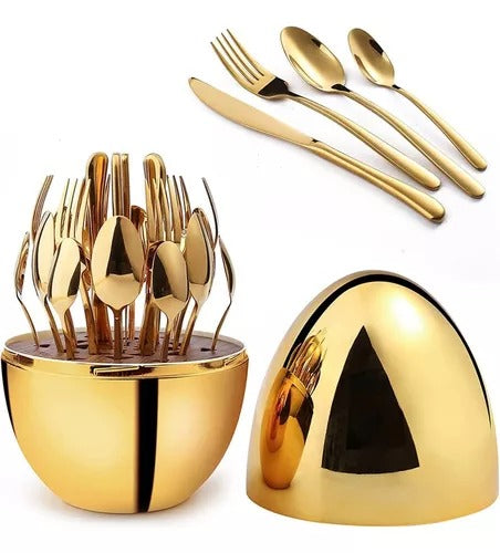 Set de 24 Cubiertos en Acero Inoxidable + estuche en Forma de Huevo