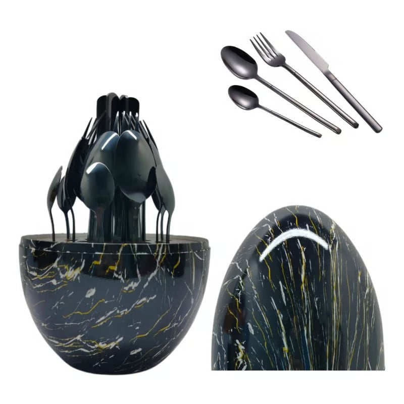 Set de 24 Cubiertos en Acero Inoxidable + estuche en Forma de Huevo